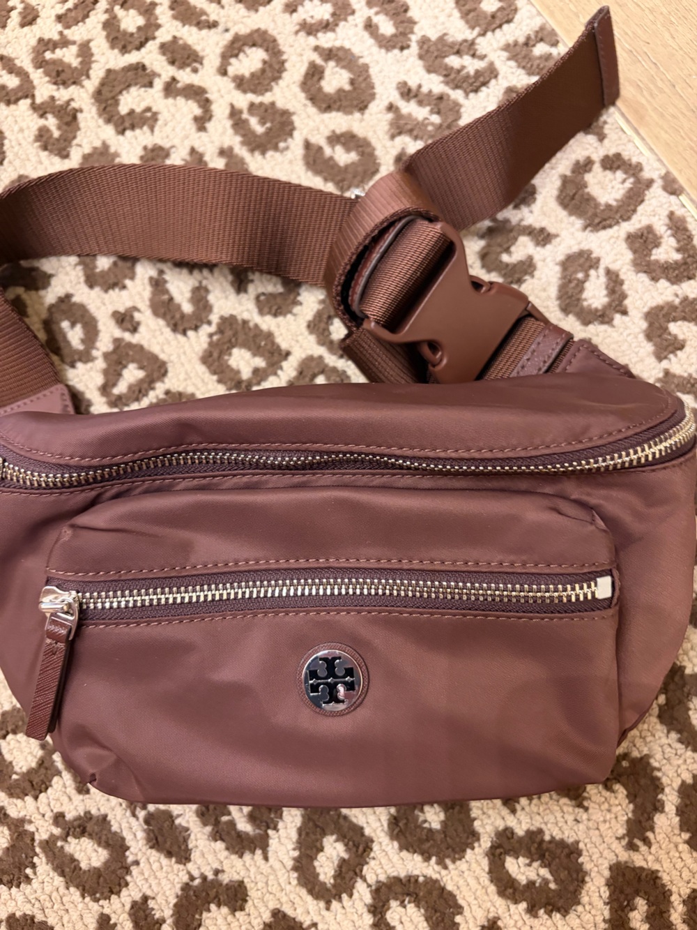 Tory Burch belt bag nylon  bag zip closure logo accent gold brown